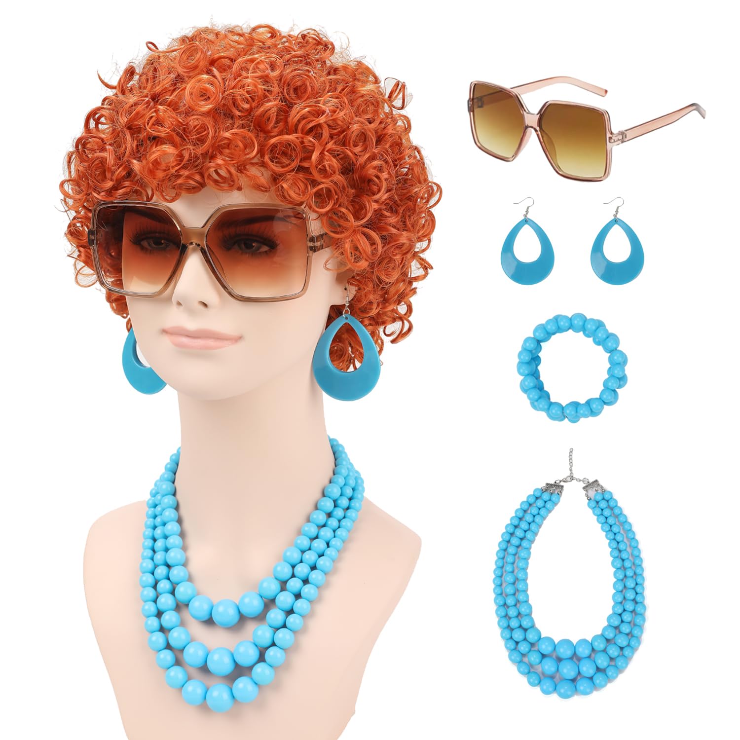 Women Short Curly Orange Red Wig 5Pcs Set with Sunglasses Blue Necklace Bracelet and Earrings for Party Cosplay Halloween Costume Wig
