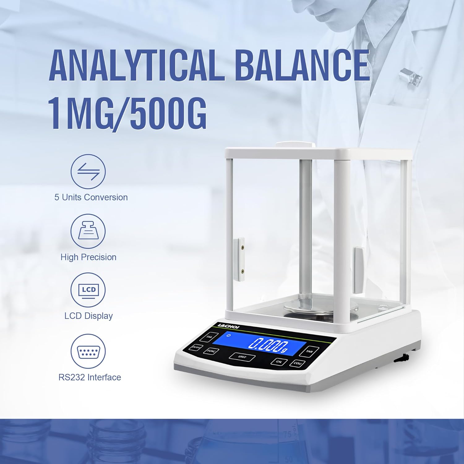 Analytical Balance 500g×0.001g Lab Scale 0.001g Accuracy High Precision Laboratory Scale with Windshield RS232 Interface Laboratory Balance (500g,1mg)
