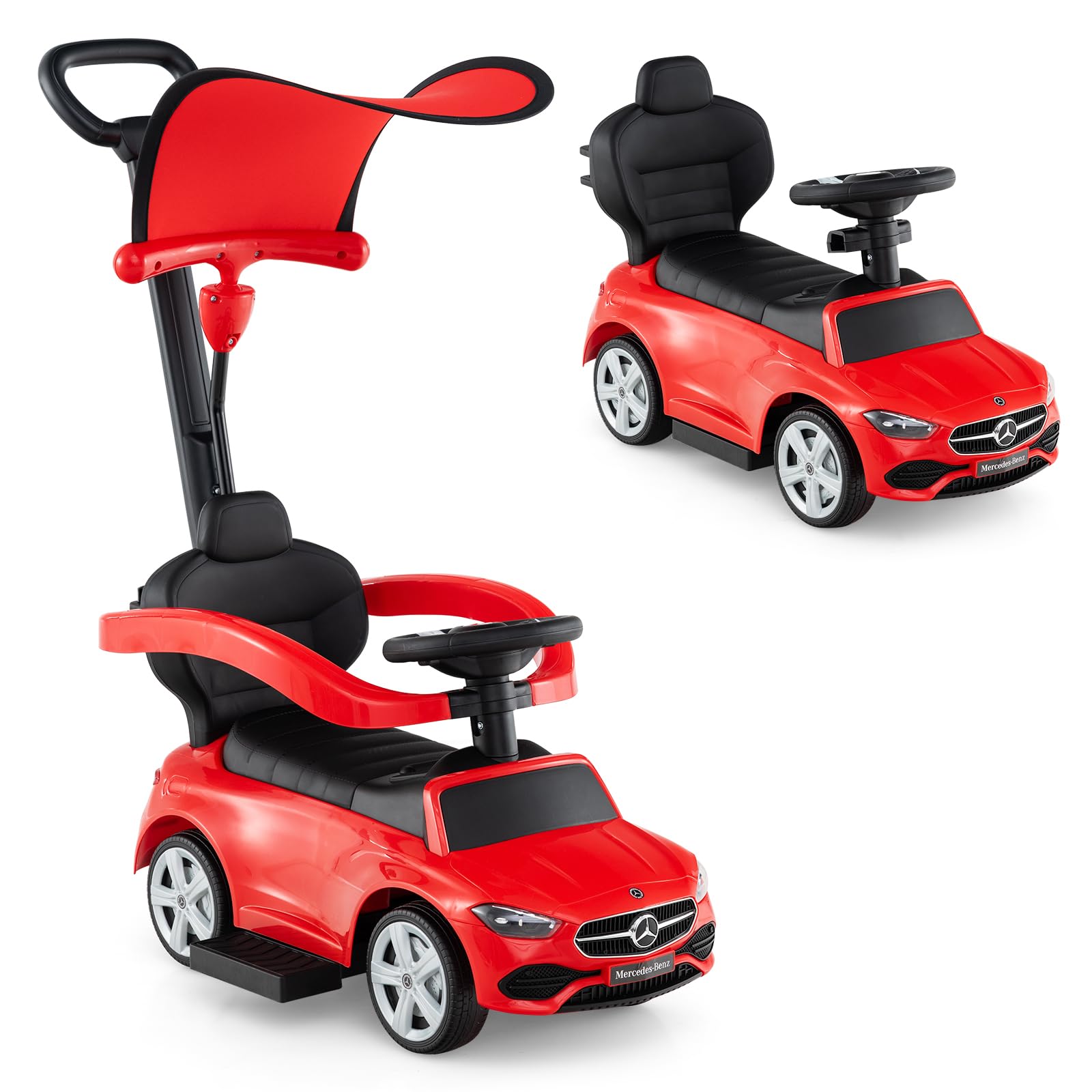 INFANS Push Car for Toddlers, 3 in 1 Sliding Walking Car with Push Handle, Horn, Music, Underneath Storage, Foot-to-Floor Ride on Toys for Boys Girls (Red)