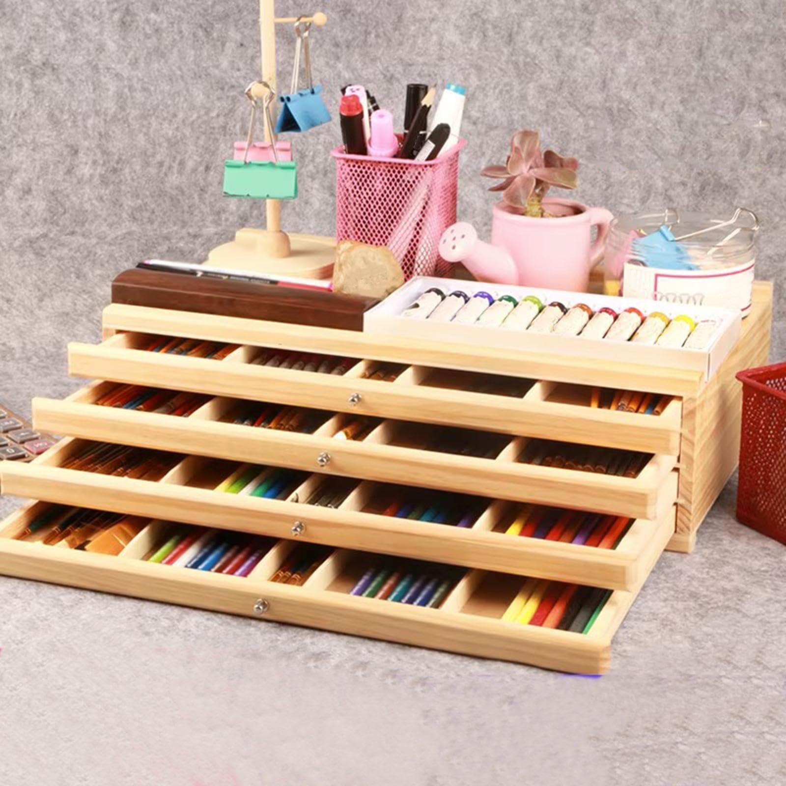 Boîte de rangement pliable et portable pour matériel d'artiste, idéale pour les cours les séances de peinture en extérieur. Légère et robuste, Pour elle est facile, Couleur bois, 4 tiroirs