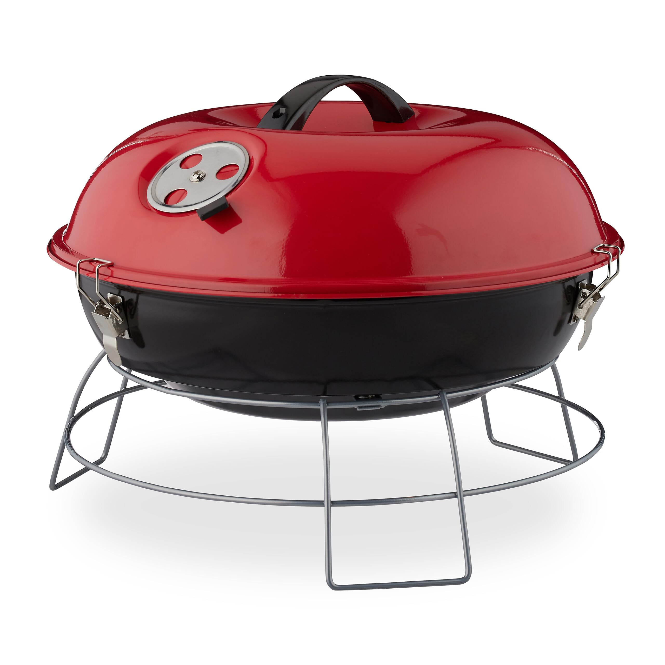 Relaxdays Rouge Barbecue Rond, Portable, Couvercle, Pique Nique, Grosse Surface de Cuisson,Charbon de Bois d.36 cm