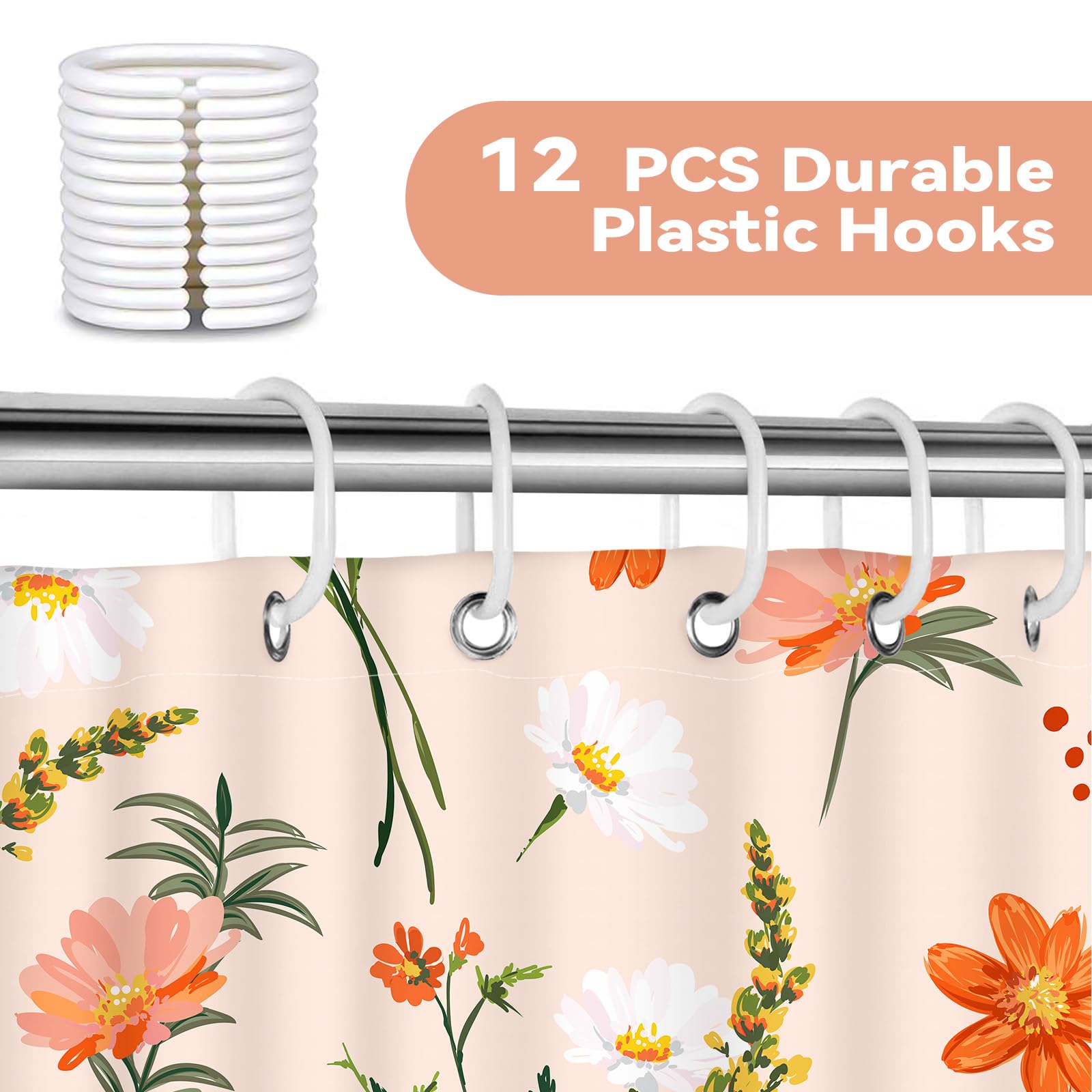 BREASOME Orange Floral Shower Curtain 180 x 180 cm for Bathroom Decor Mould Proof Waterproof Polyester Fabric Bath Curtain with 12 Hooks - Image 4