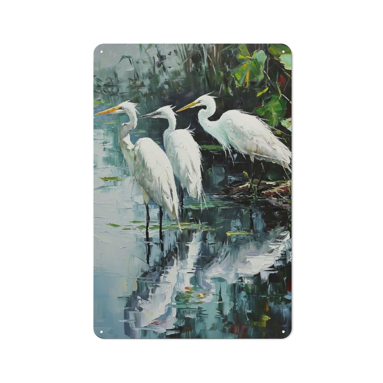 Junmoney Style-9 Pond Heron Serenity Cottage Style Metal Wall Decor 30X20cm, Tin Wall Plaque For Kitchen, Cottage, Porch Or Garden Room