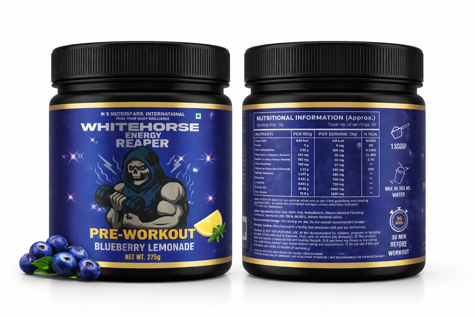 NutriSpark White Horse Pre-Workout Powder – Creatine HCl, Beta-Alanine & Glutamine – Energy, Endurance & Muscle Support – No Crash Formula – Blueberry Lemonade Flavor – 275g 4