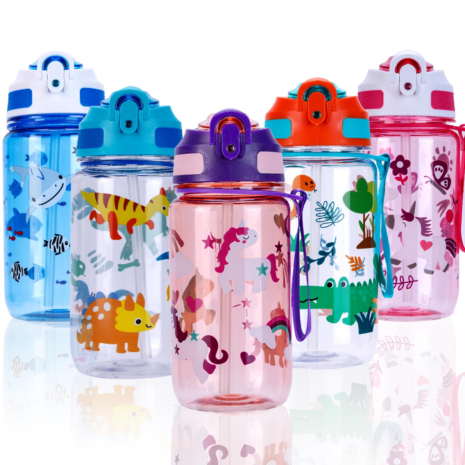 SUPPRU Water Bottles with Straw & Handle,600ml Drinks Bottle for School,Leakproof Bottle BPA free Sport Bottles (Purple-Unicorn)