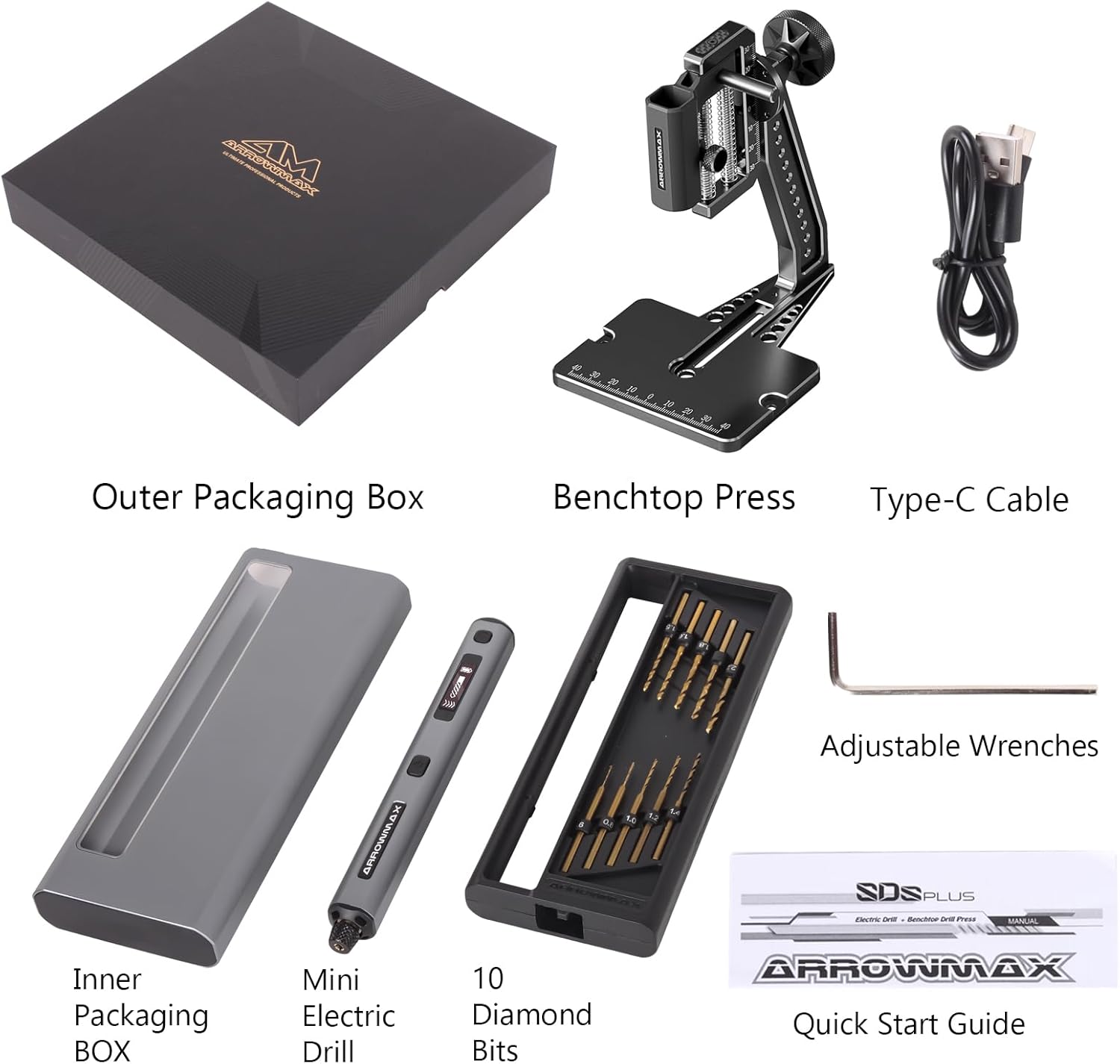 Contents of the ARROWMAX SDS ULTRA PLUS package, including the drill pen, benchtop press, drill bits, USB cable, and storage box.