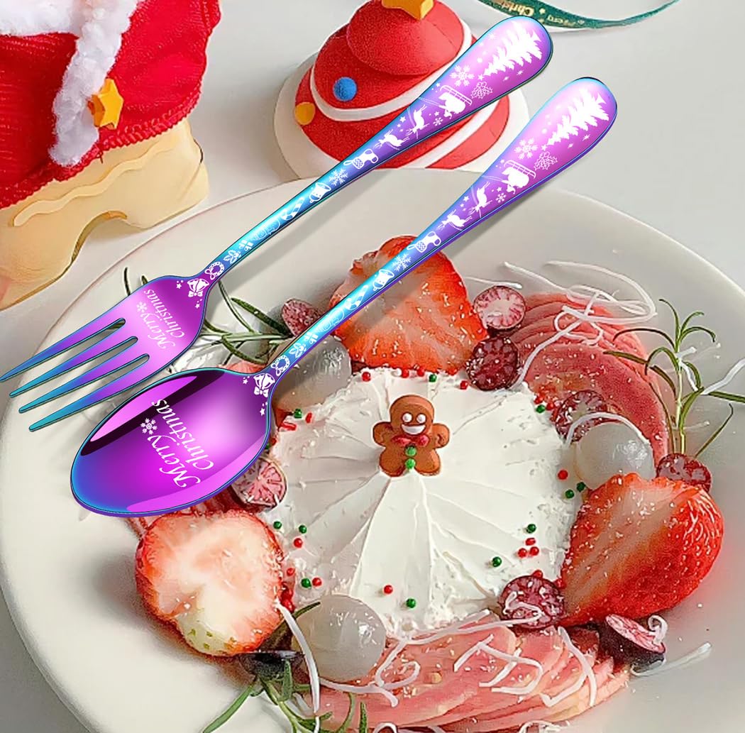 XIAOYU Weihnachtsbesteckset, 30-teilig, bestehend aus 12 x Gabeln, 12 x Löffeln, 6 x Messern, Edelstahl-Besteckset, einzigartiges dekoratives Besteckset mit Weihnachtsbaummuster, Roségold