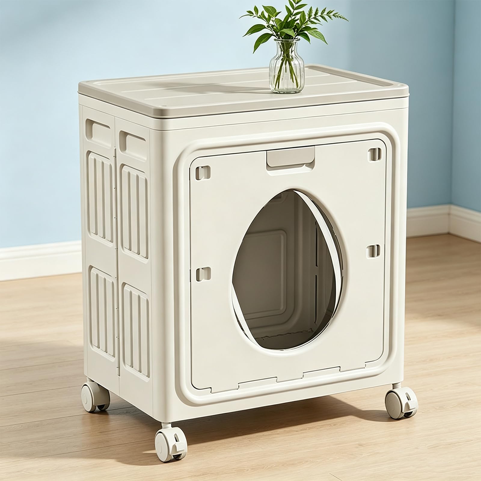 Buokaiw Rolling Laundry Hamper with Lid,Large Capacity Clothes Hampers with Wheels,Collapsible Storage Box,Transparent Window, White, PP material,22x15x26 in,for Bedroom