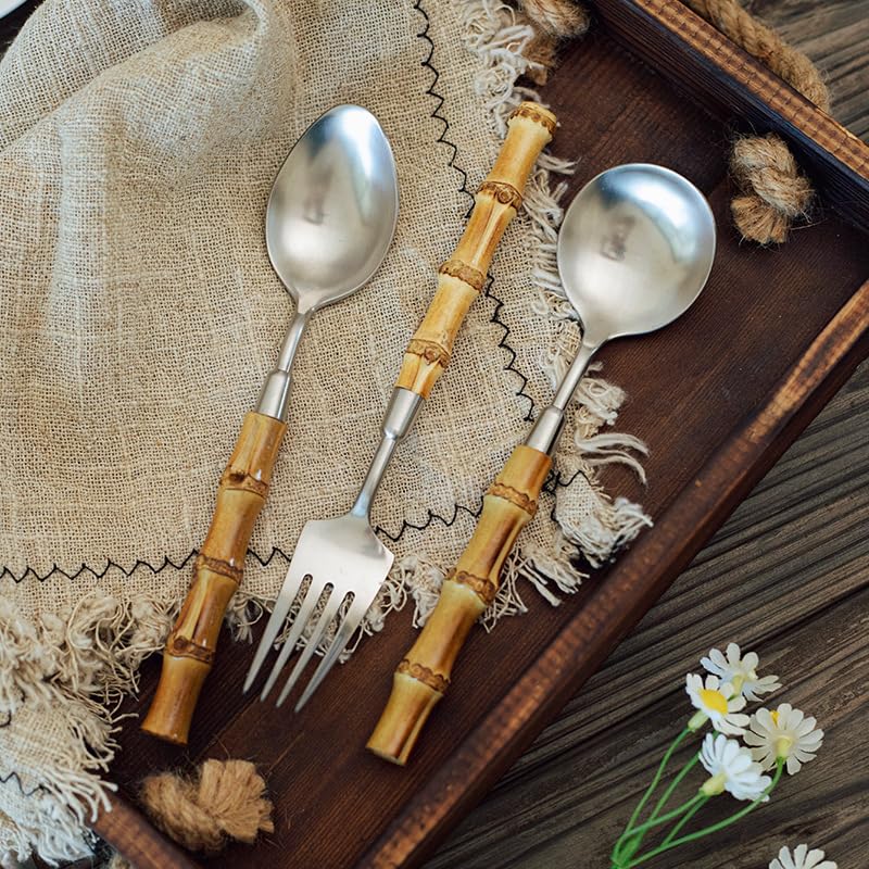Set di Posate in Argento, 4/16/24/32/40/48 Pezzi, in Acciaio Inox 304, con Manico in bambù, Coltello e forchetta, Cucchiaio e Coltello da Bistecca. Argento - 40 Pezzi per 10 (Argento 32 Pezzi per 8)