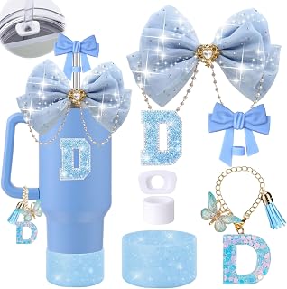 7PCS Tumbler Accessories Set for Stanley Cup Bow Straw Topper Boot | Rhinestone letter charm, silicone bling boot and spill stopper for personalized decoration, protection and cute style