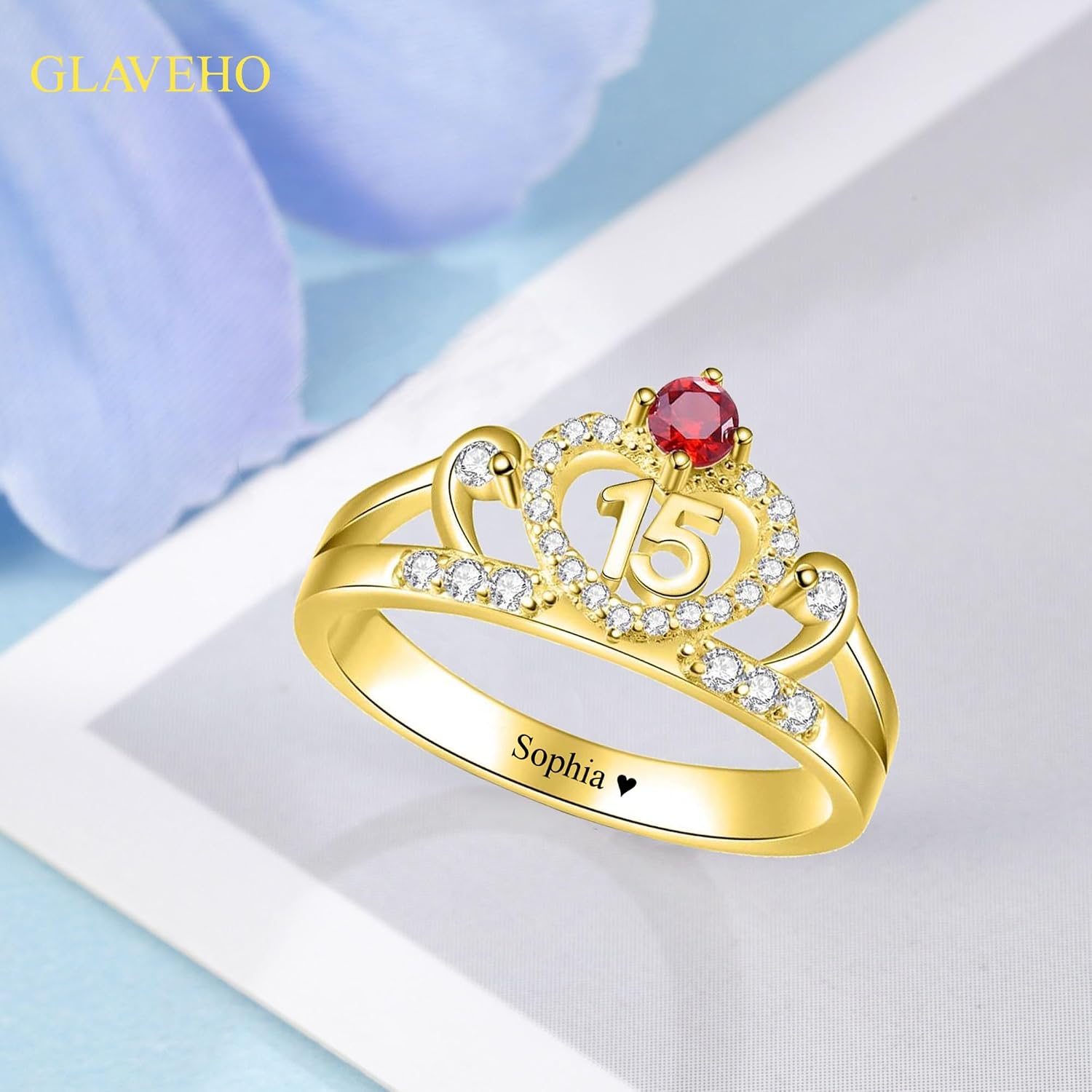 925 Sterling Silver 10K 14K 18K Gold Personalized Daughter Sweet 15 Crown Rings Engraved 15th Birthday Ring with Created Birthstone Gift for Women