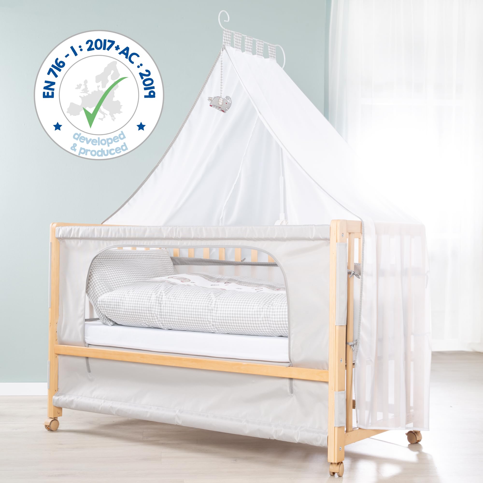 roba Beistellbett 60 x 120 cm - Jumbotwins - Babybett zum Anstellen - Inklusive Matratze, Bettwäsche, Himmel im Elefanten Design - Mobil & Höhenverstellbar - Holz Natur