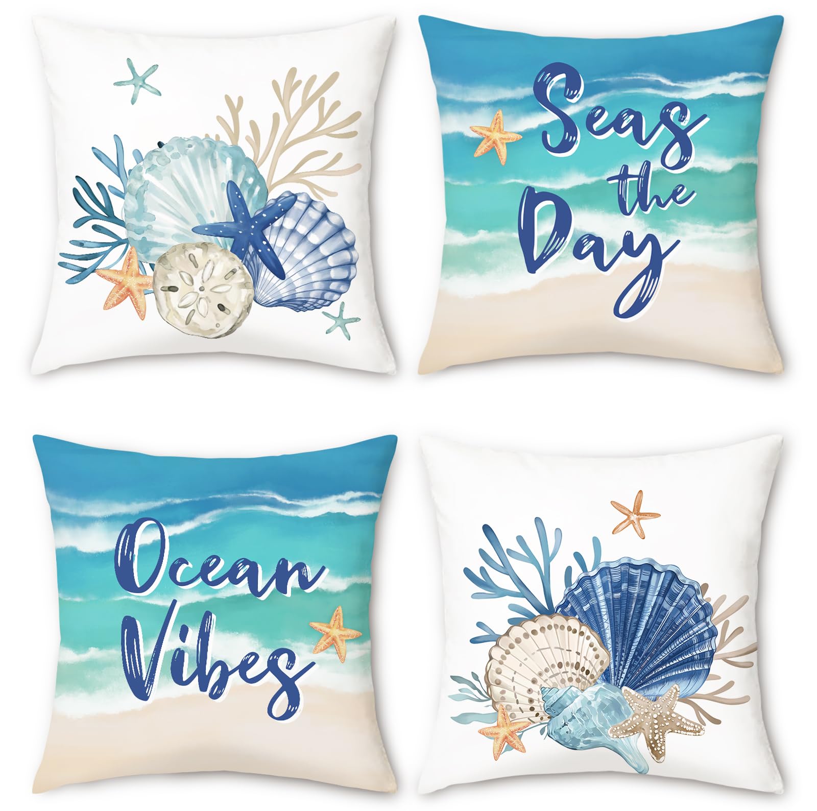 Bonhause Summer Coastal Cushion Covers 45 x 45 cm Seashell Coral Starfish Beach Soft Velvet Decorative Throw Pillow Covers for Sofa Couch Bed Home Patio Seaside Decor Set of 4 โ image 1
