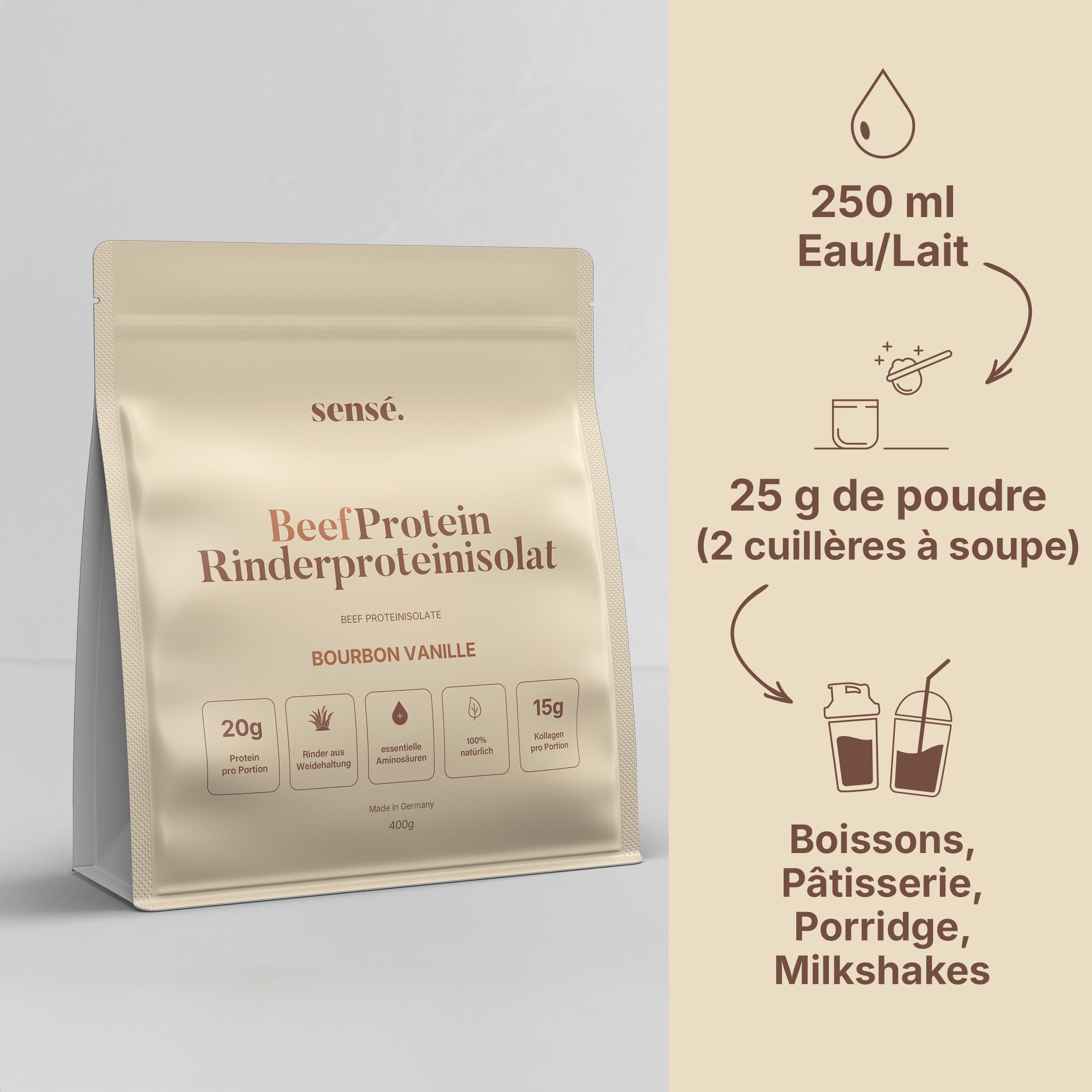 Poudre de protéines de bœuf à la vanille 400 g - 100% naturel | 21 g de protéines | Vanille Bourbon et écorces de psyllium | Bioactif | Collagène 1, 2 et 3 | Bouillon d'os de bœuf élevé en pâturage