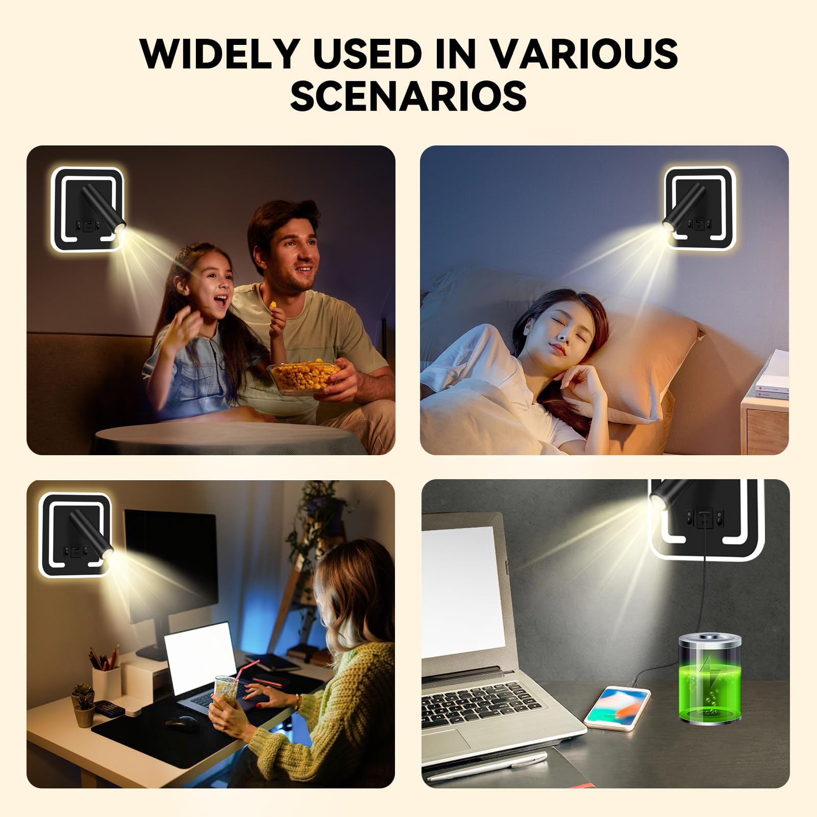 HUIZHOU LED Leselampe Wand 3W+9W, Dimmbar & Drehbar, 3000K Warmweiß, Moderne Wandleuchte mit Schalter, Bettlampe für Schlafzimmer & Büro (Quadrat schwarz)