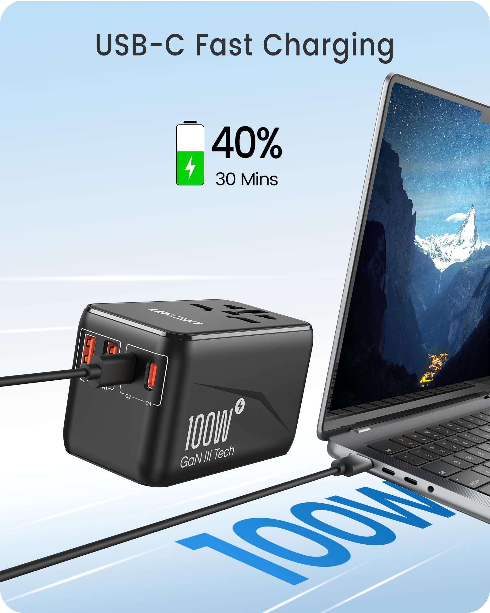 LENCENT GaN3 100W Adattatore Universale da Viaggio, Caricatore Internazionale con 2 USB QC4.0 e 2 PD3.0 Tipo-C PPS Ricarica Veloce, Caricabatteria Mondiale per Telefono, Adattatore Spina USA/UK/EU/AU