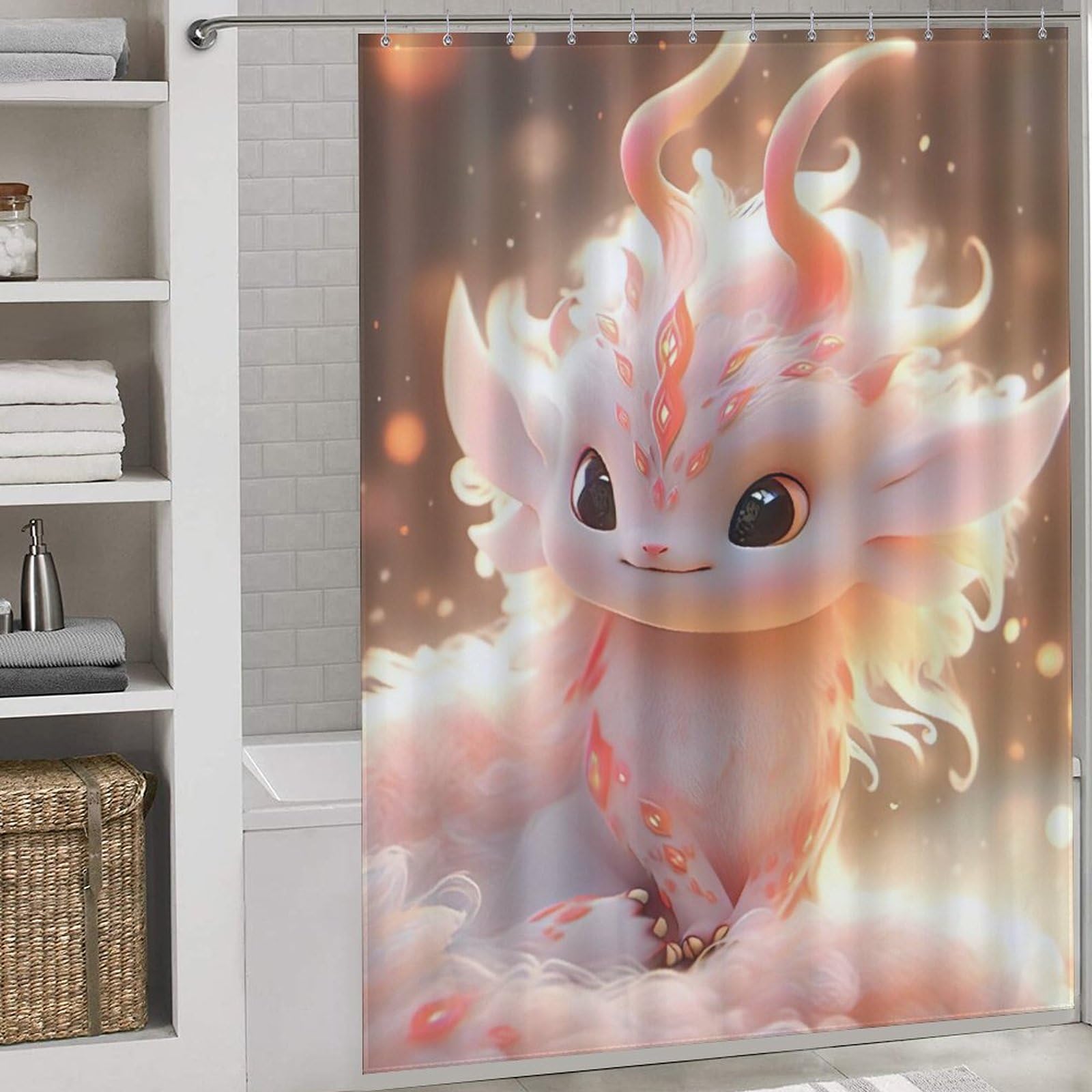 Cute Dragon Shower Curtain, Waterproof Proof Resistant, Quick-Drying, Washable Bathroom Curtain, Includes 12 Pcs Curtain Hooks, 66x72Inch（168x183cm）