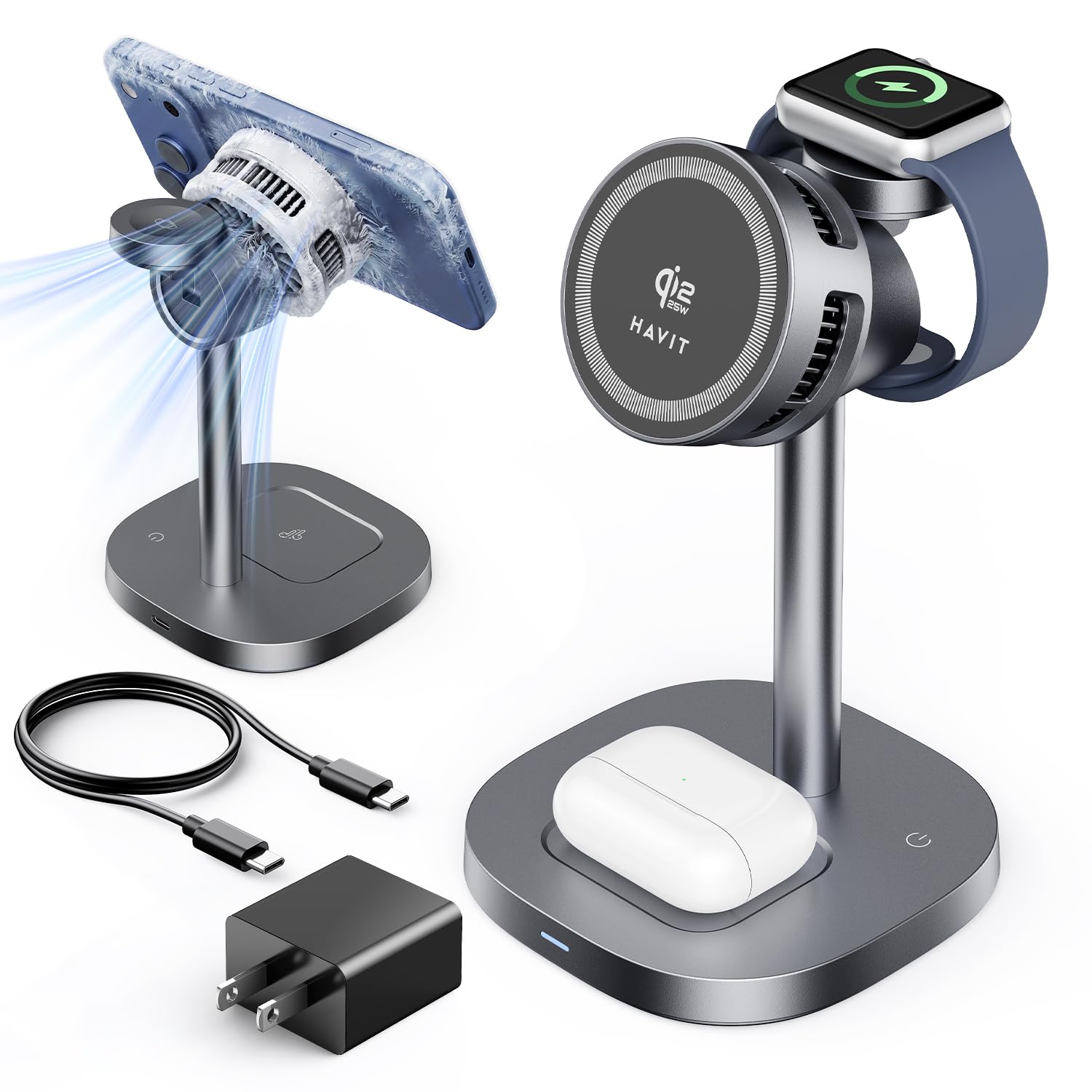 havit 3 in 1 Wireless Charger, Qi2.2 Certified 25W Magnetic Charging Station with Active Cooling for iPhone 17/16/15/14/13/12, Apple Watch & AirPods, 45W Adapter Included, Black