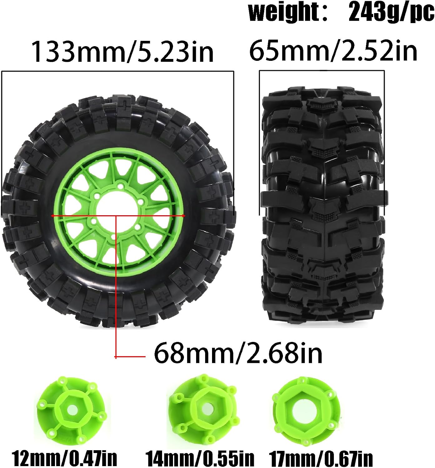 REDSPIDER 1/10 RC Truck Wheel Tires 12mm/14mm/16mm Hex for 1/10 Rustler Stampede Hoss,Granite Vorteks Big Rock,Axia 1 L0si Red cat Rc4wd,Hard Plastic RC Truck Tires,RC Monster Truck Car Wheels (Green)