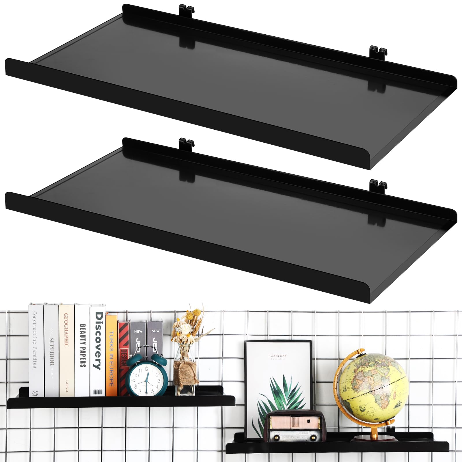2 Packs Gridwall Display Shelf for Gridwall Metal 23.6 x 11.8 Inch Grid Panel Display Rack Wall Mount Grid Wall Accessory for Grid Panel Stores Retail Storage and Home Organization, Black