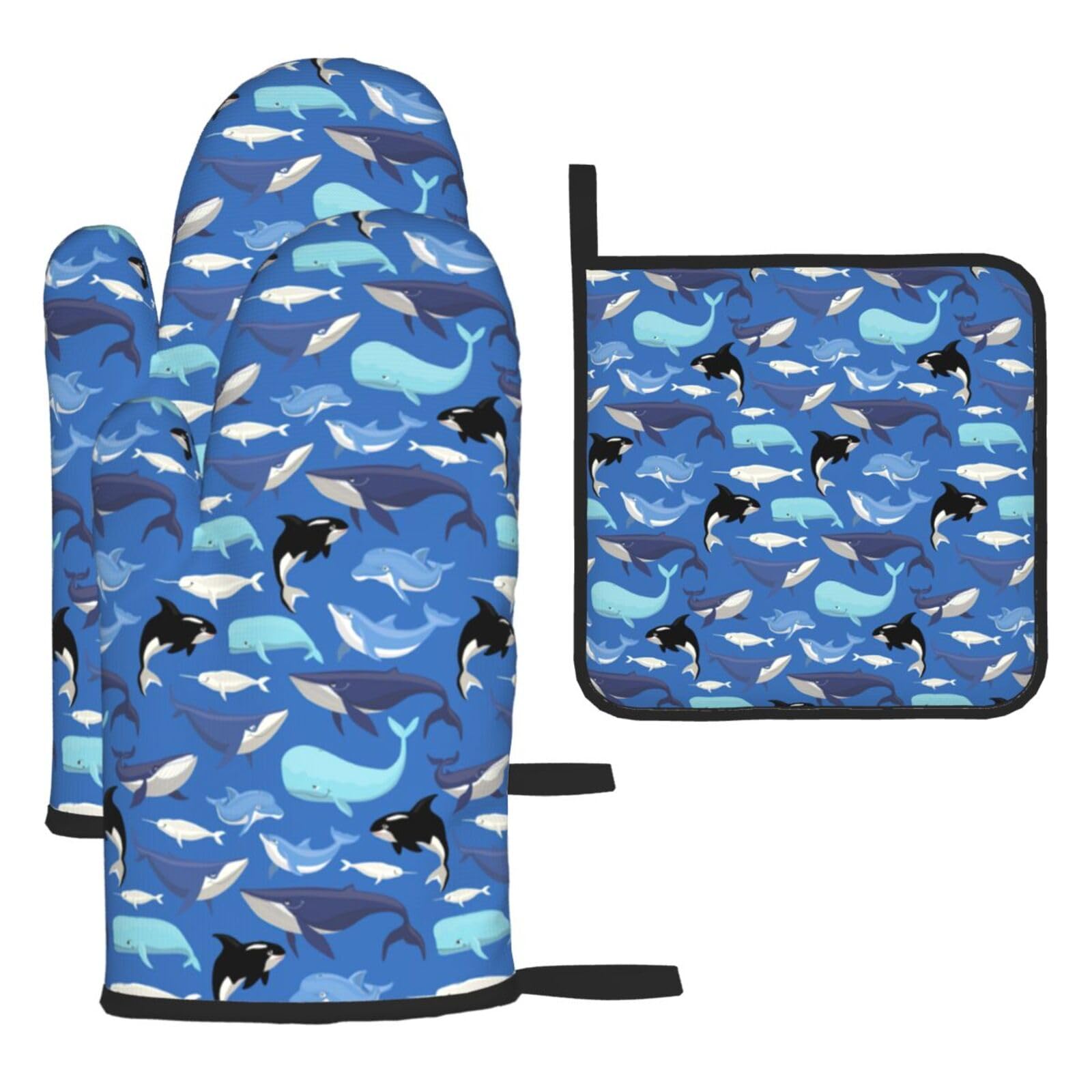 Whale Pattern Print Oven Mitts Kitchen Gloves Set Everyday Baking Grilling Microwaving Cooking Gift