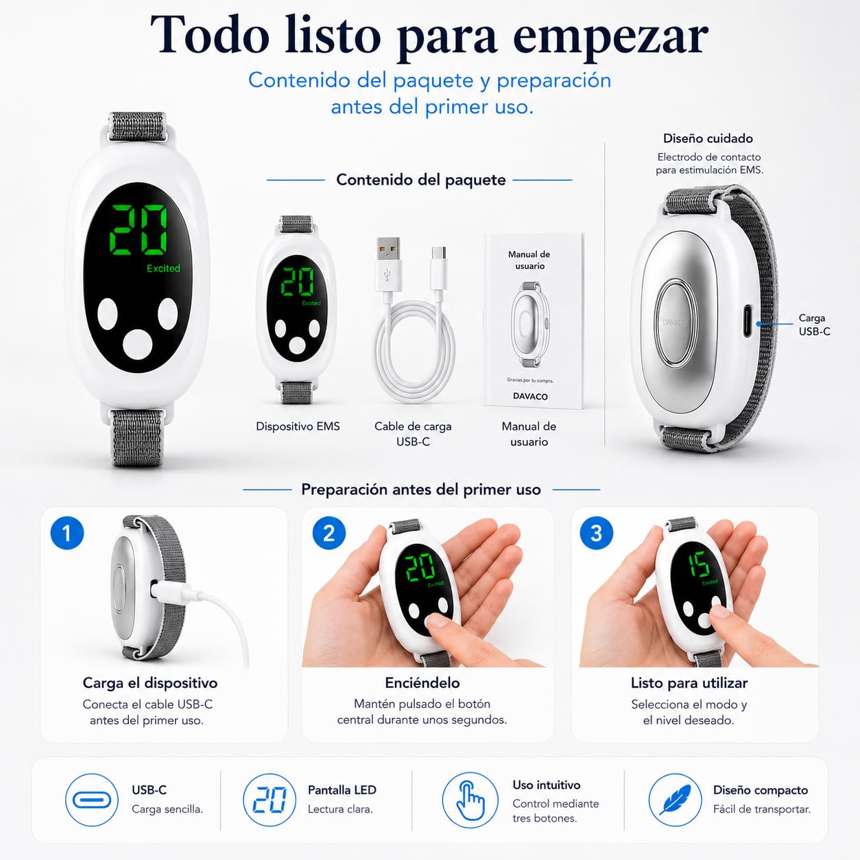 Dispositivo para Dormir y Relajarse, Masajeador de Mano EMS Antiestrés | 20 niveles de intensidad, modos Sleep y Excited, correa ajustable, autoapagado y formato portátil