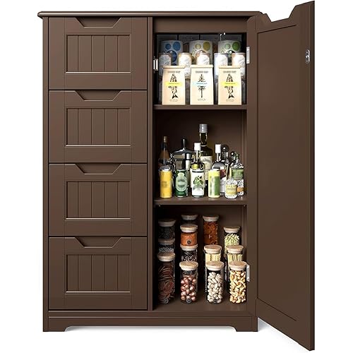 Gizoon 33" Kitchen Pantry with Door and Shelves, Small Food Pantry Cabinet Cupboard, Freestanding Wooden Bathroom Storage Cabinet with 4 Drawers for Kitchen and Dining Room, Dark Brown