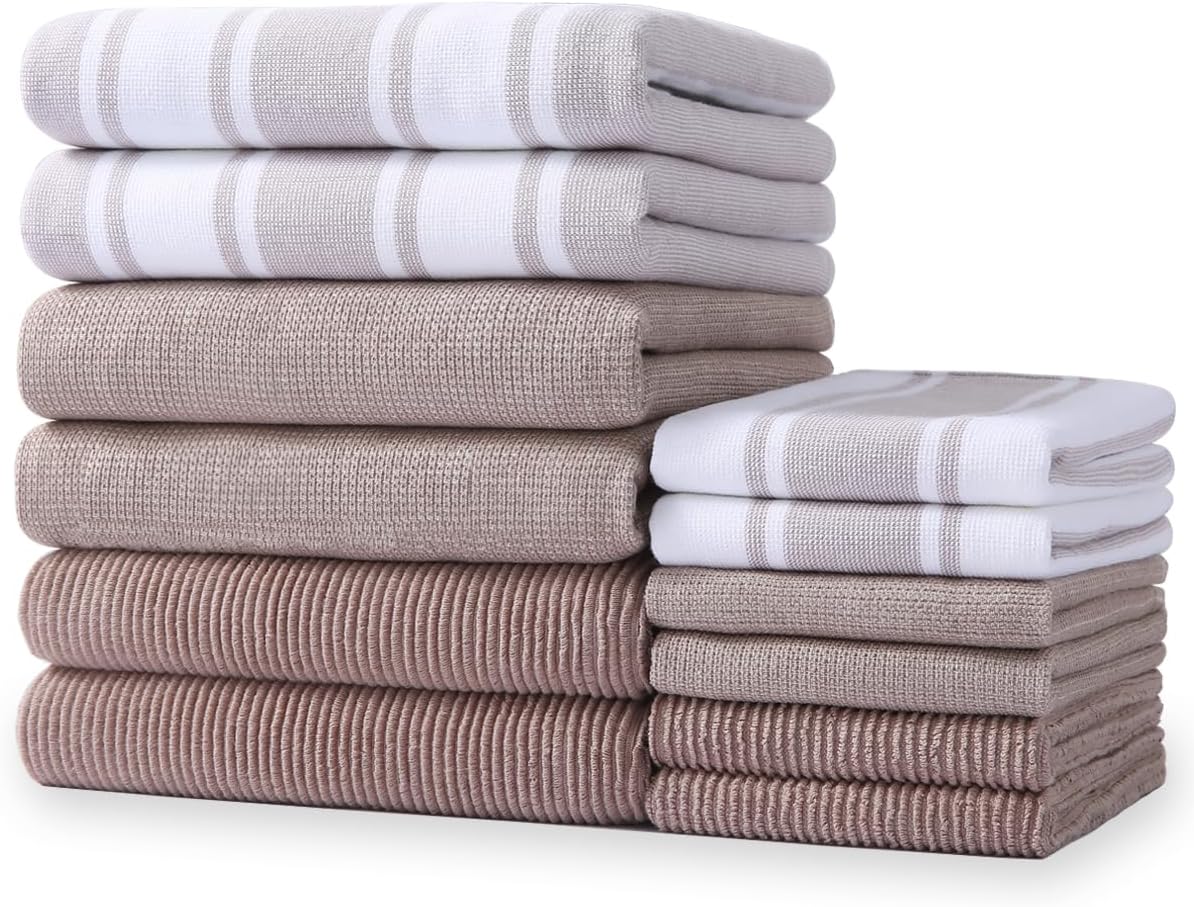 Natural Ring Spun Kitchen Towels and Dishcloths Sets - 12 Pack 16 x 25 inches Kitchen Towels and 13 x 13 inches Dishcloths, Ultra Soft Kitchen Towels Set, Super Absorbent 400 GSM Dish Towels