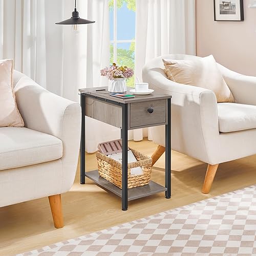 Miniatura 8 de HOOBRO Mesa auxiliar con estación de carga, mesa auxiliar estrecha, mesita de noche pequeña, mesitas de noche con cajón y estantes de