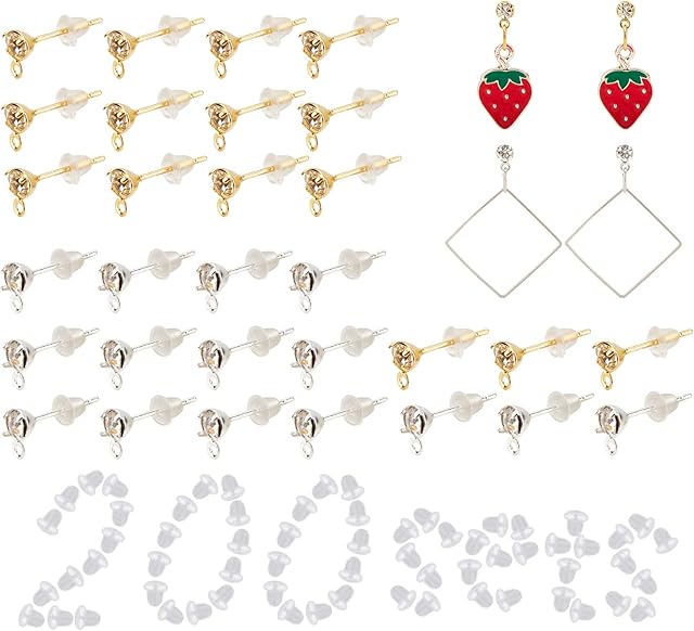 SUNNYCLUE 1 Box 300Pcs Earring Posts 100pcs Rhinestone Earrings Studs 200pcs Plastic Ear Nuts Rhinestone Earrings Posts With Loop Gold Silver Earrings Studs for Earrings Jewelry Making Hole 0.5mm