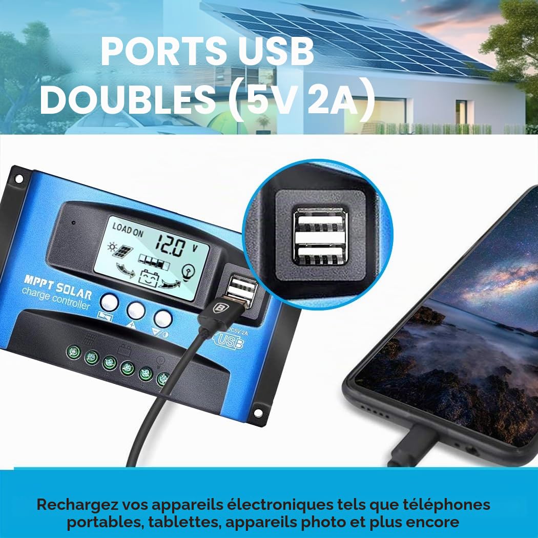 Y&H 40A MPPT Régulateur de charge du panneau solaire avec surveillance automatique de la mise au point 12V 24V avec double port USB Écran LCD Wanderer
