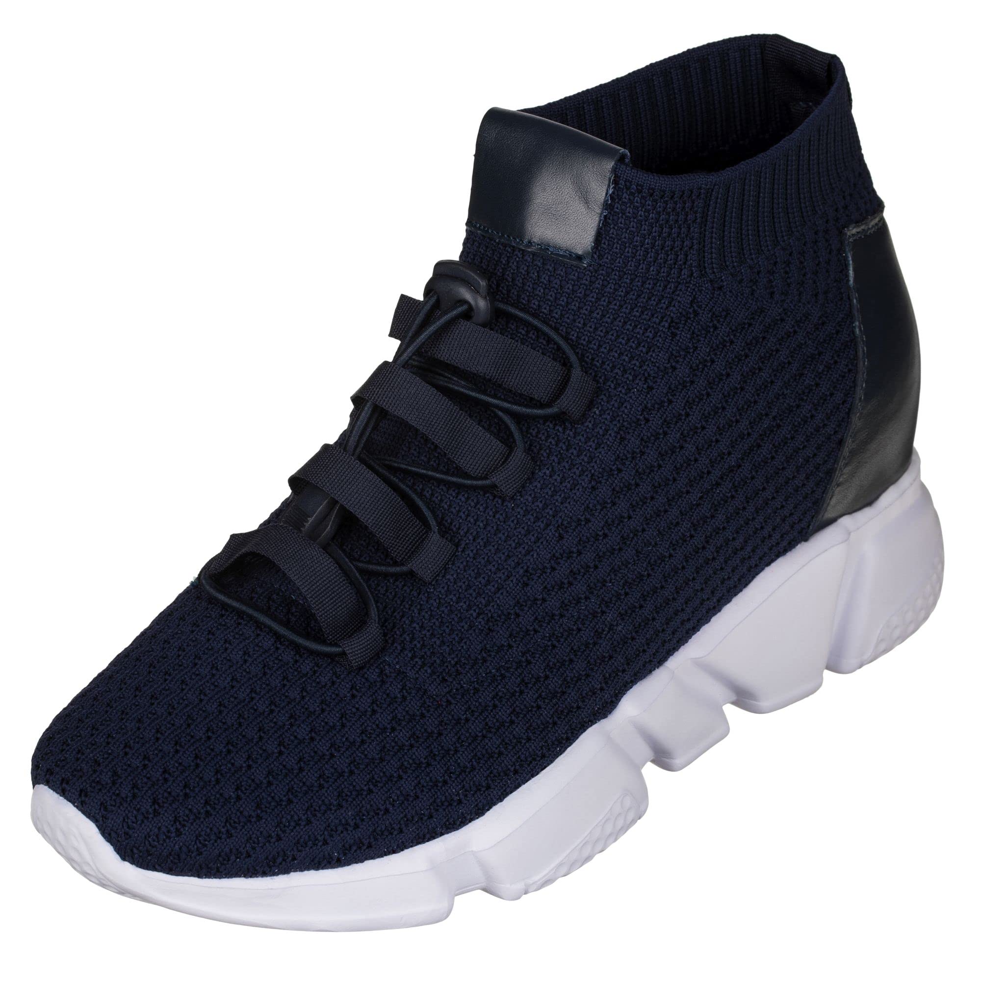 CALTO Men's Invisible Height Increasing Elevator Shoes - Dark Blue Kintted Ultra Lightweight Slip-on Sporty Trainer Sneakers - 3.2 Inches Taller -