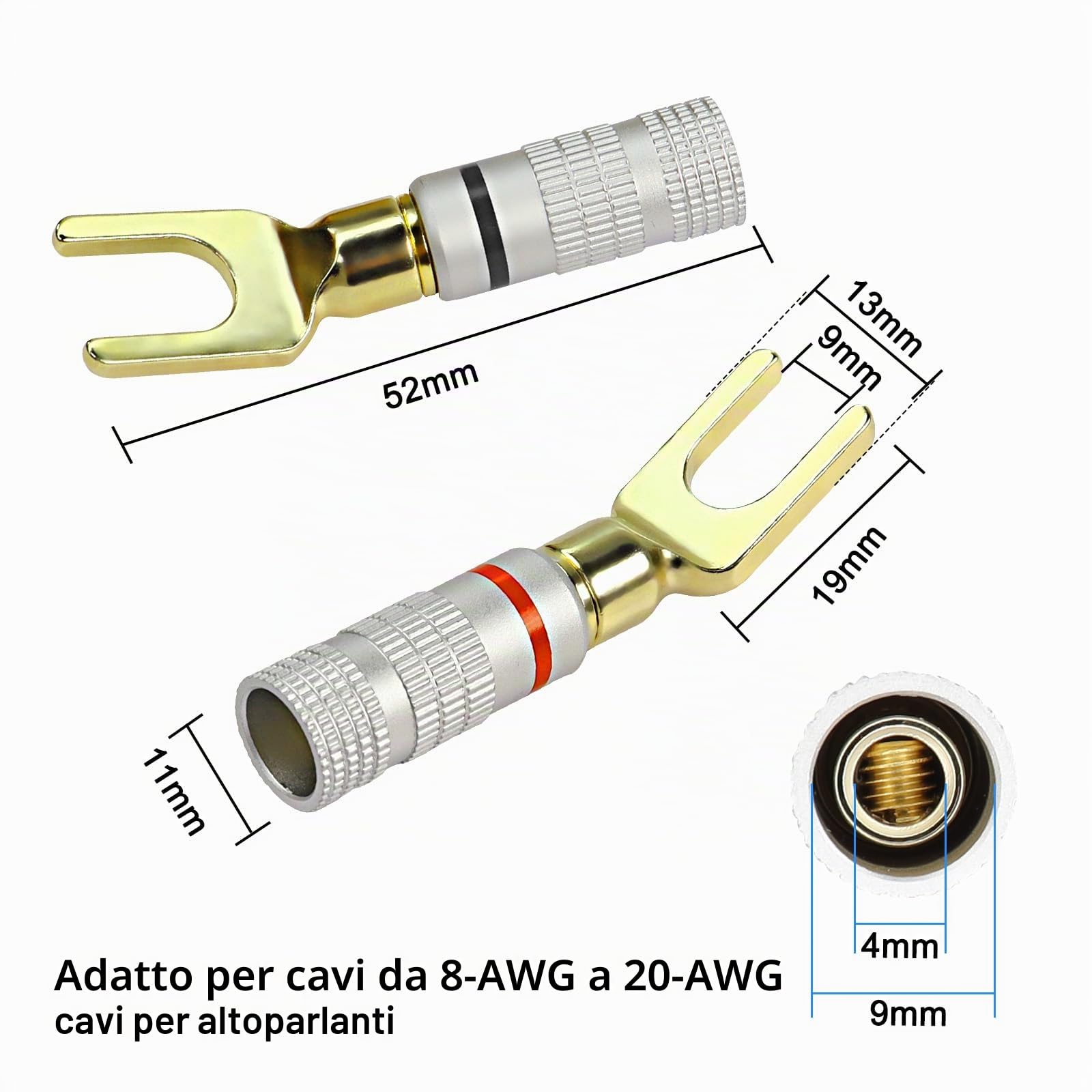 Connettore a forcella Y per altoparlante 24K placcato oro Spinotto 45 gradi per cavo microfono