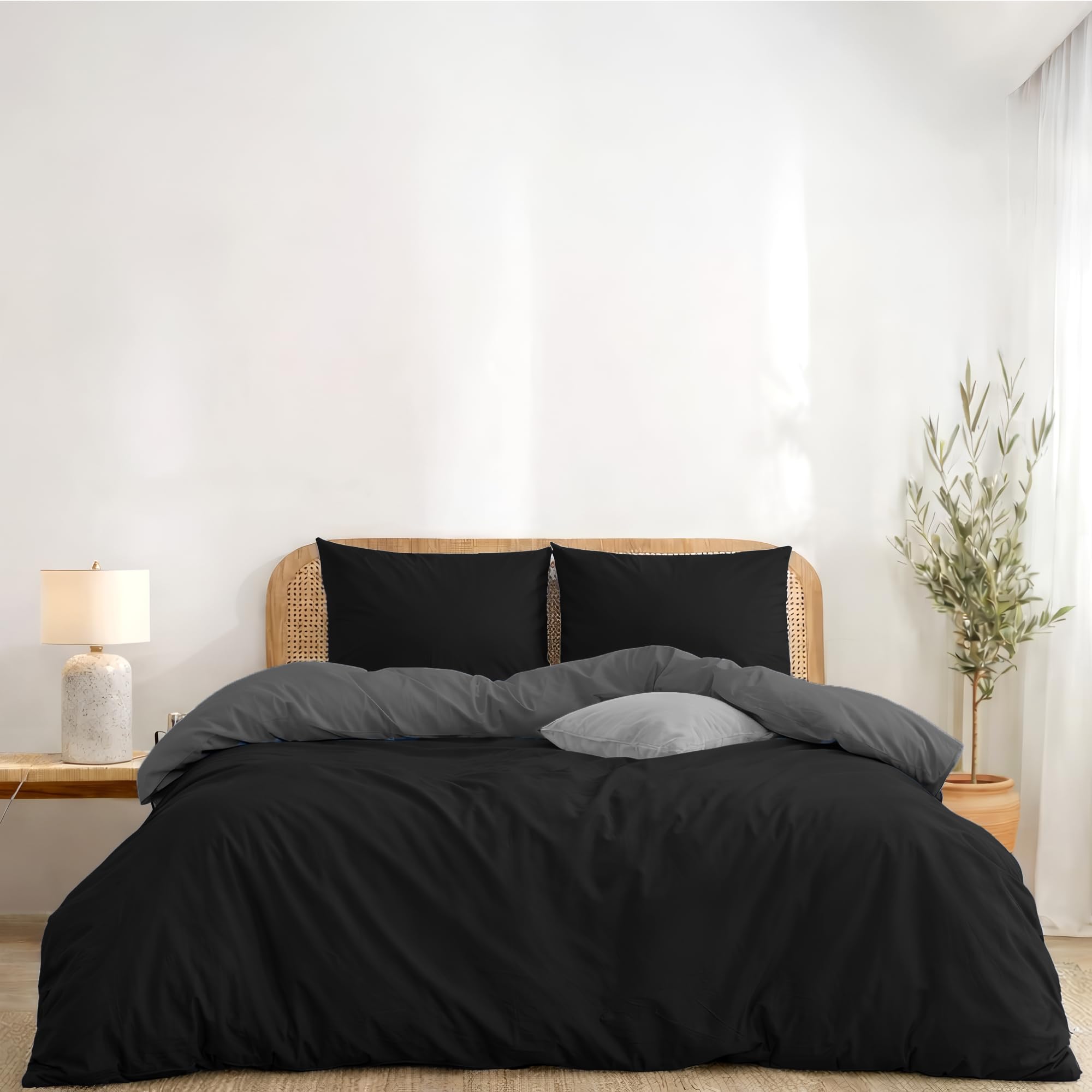 Twinzen Poszewka na kołdrę Reversible 200x200 cm, z 2 poszewkami na poduszki 50x80 cm, kolor czarny/ciemnoszary – komplet pościeli z mikrofibry 200x200 – Oeko-Tex