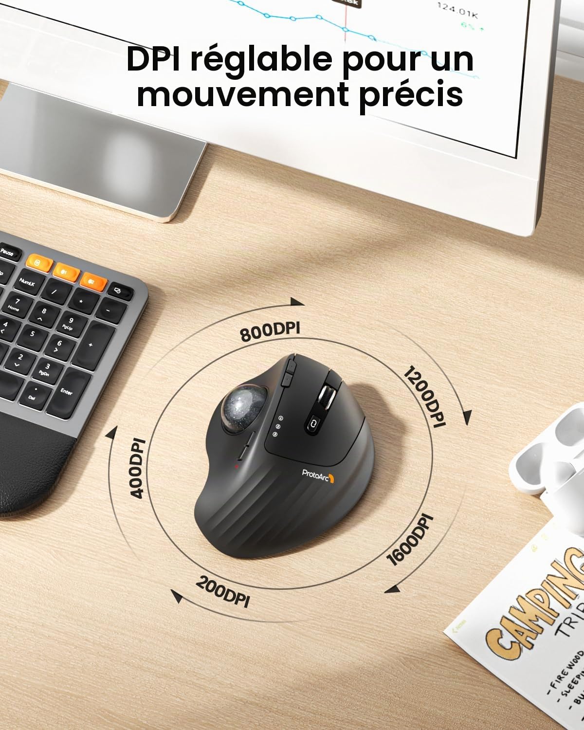 ProtoArc EM01 NL Souris Trackball sans Fil Ergonomique, 0/20°Angle Réglable