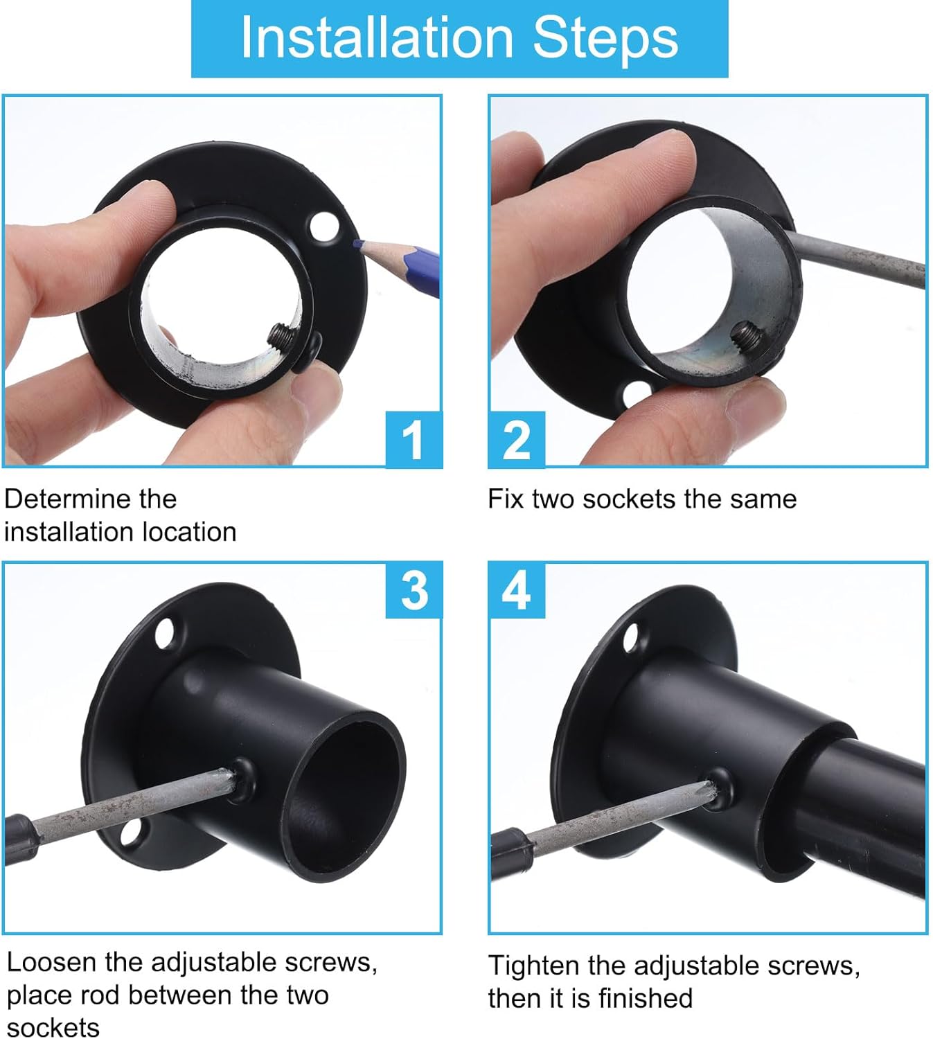 uxcell 12Pcs Stainless Steel Closet Rod Brackets, 1.25inch Dia Wardrobe Holder for Pipe, Shower Curtain Rod Pole End Supports Sockets Flange with Screws, Black