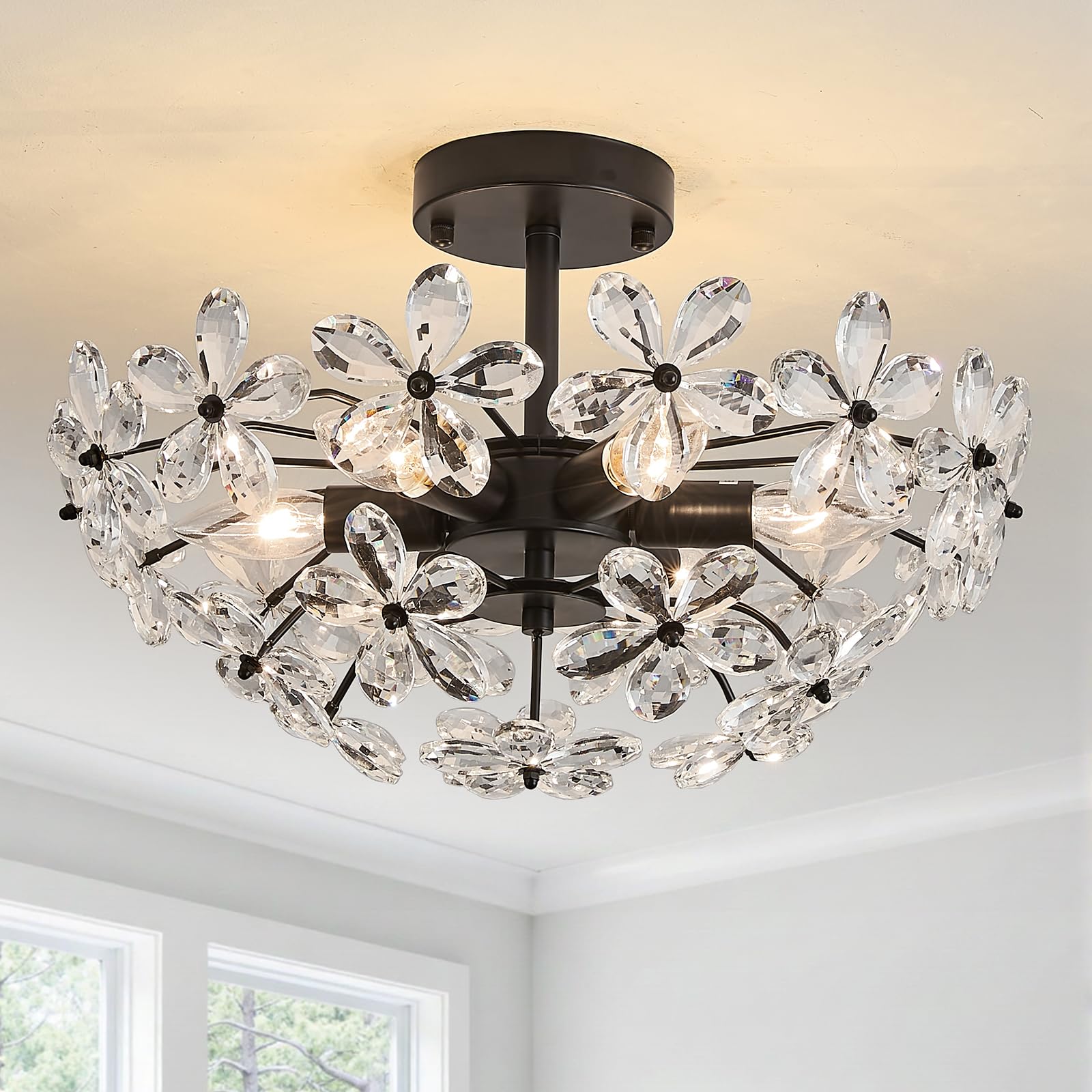 Dellemade Crystal Chandelier Modern Ceiling Light Semi Flush Mount Lighting Fixture Glass Chandelier for Living Room,Kitchen, Hallway,Dining Room (Black)