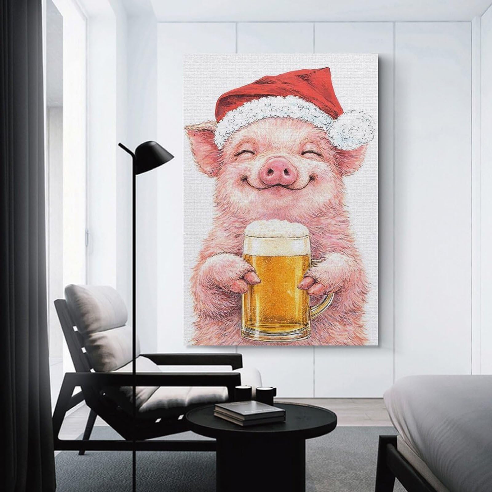 Junmoney Pig in Santa Hat with Beer Canvas Art Print 12x18inch(30x45cm), for New Homes, Bedrooms Or Workspaces, Gift Idea for Housewarming And Birthdays