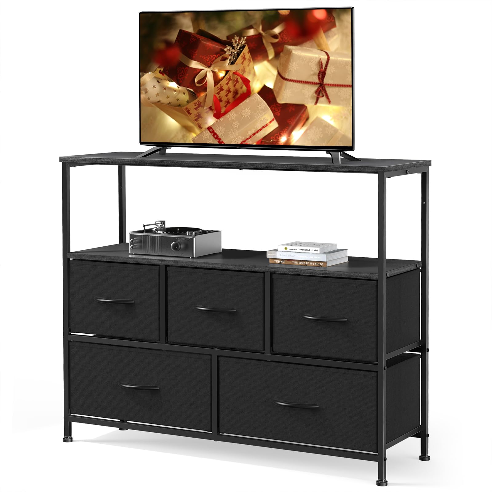 NEWBULIG TV Stand for Bedroom with Drawers,Entertainment Center with Open Display Metal Shelf 5 Fabric Storage Dresser,Mdia Console Unit for Living Room,Entryway,Home Space Saving Furniture, Black