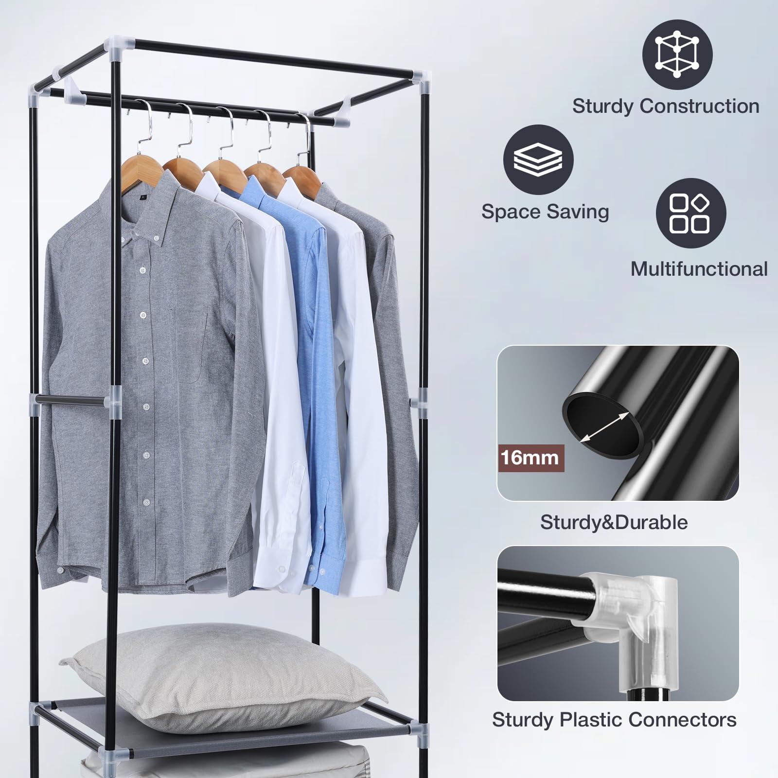 Hododou Armario portátil individual de lona, organizador de almacenamiento de ropa con 2 cajones y barra para colgar, armario plegable para ropa, bolsos, juguetes, zapatos, sala de estar, dormitorio,
