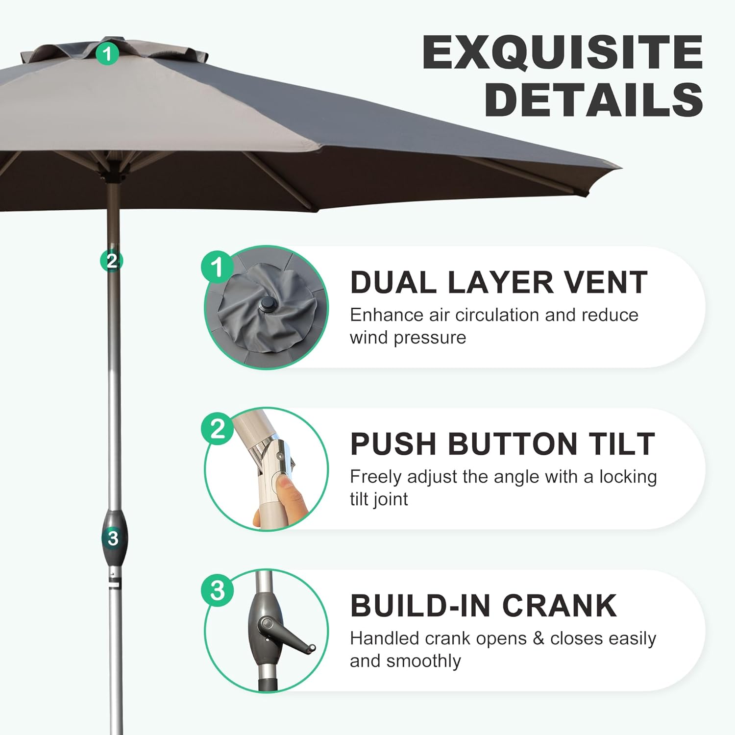 Domi 10FT Outdoor Patio Umbrella, Aluminum Large Table Umbrellas with 8 Sturdy Ribs, Tilt and Sun Umbrellas for Outdoor, Garden, Deck, Backyard and Pool (10FT, Gray)