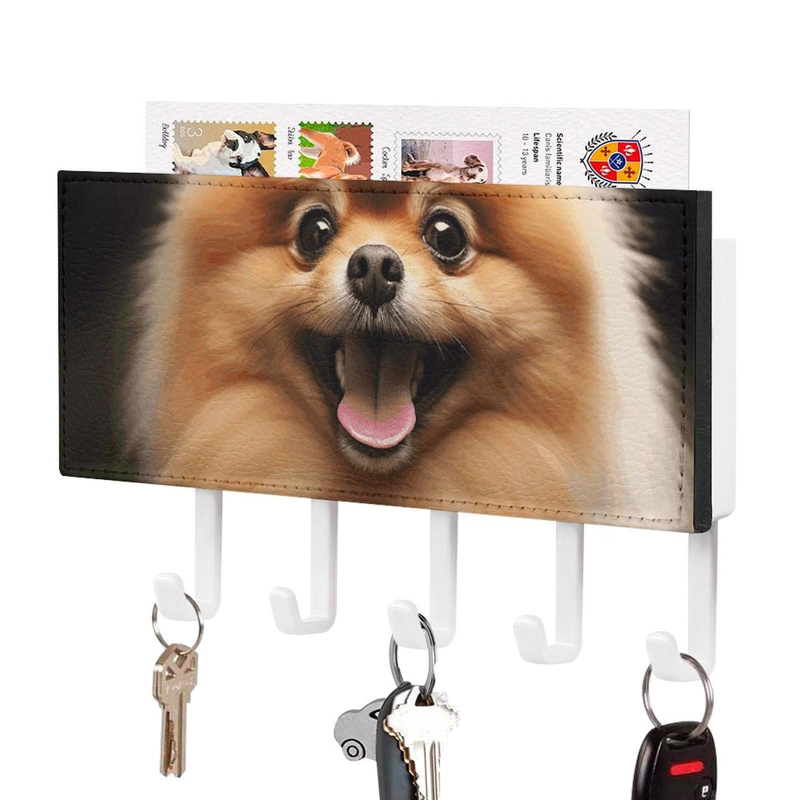 Bvkwntsa Pomeranian Self Adhesive Pu Printed Key Hanger With 5 Hooks Decorative Key Rack For Door Entryway Hallway Kitchen Office