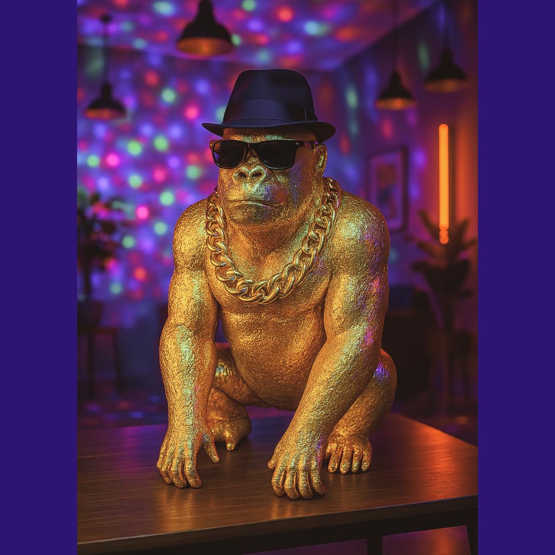 Bongo Gold – Statue Gorilla Gold Premium Dekofigur mit Brille & Kette Gold – Skulptur Design XXL – außergewöhnliche französische Kreation für Wohnzimmer Büro (Gold)