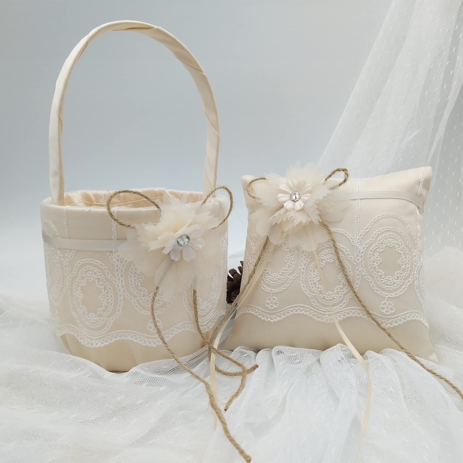 Conjunto de cojines para doncella de honor y porta alianzas, cojín para alianzas y cesta de flores, colección romántica de satén con lazo de encaje para fiesta de aniversario de
