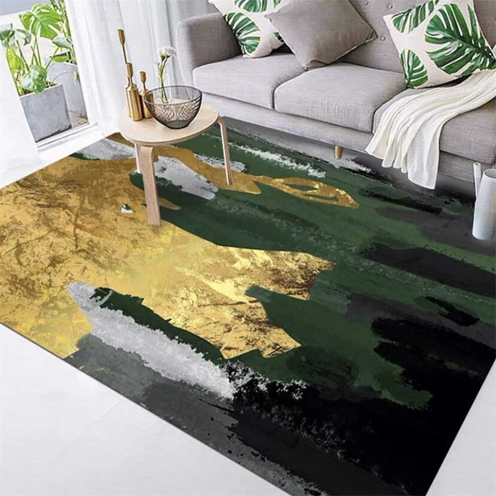 Modern Abstract Rug Light Luxury Carpet Emerald Green Gold Gray Area Rug Easy to Clean Stain Fade Resistant Living Dining Room Rugs,45 * 75CM