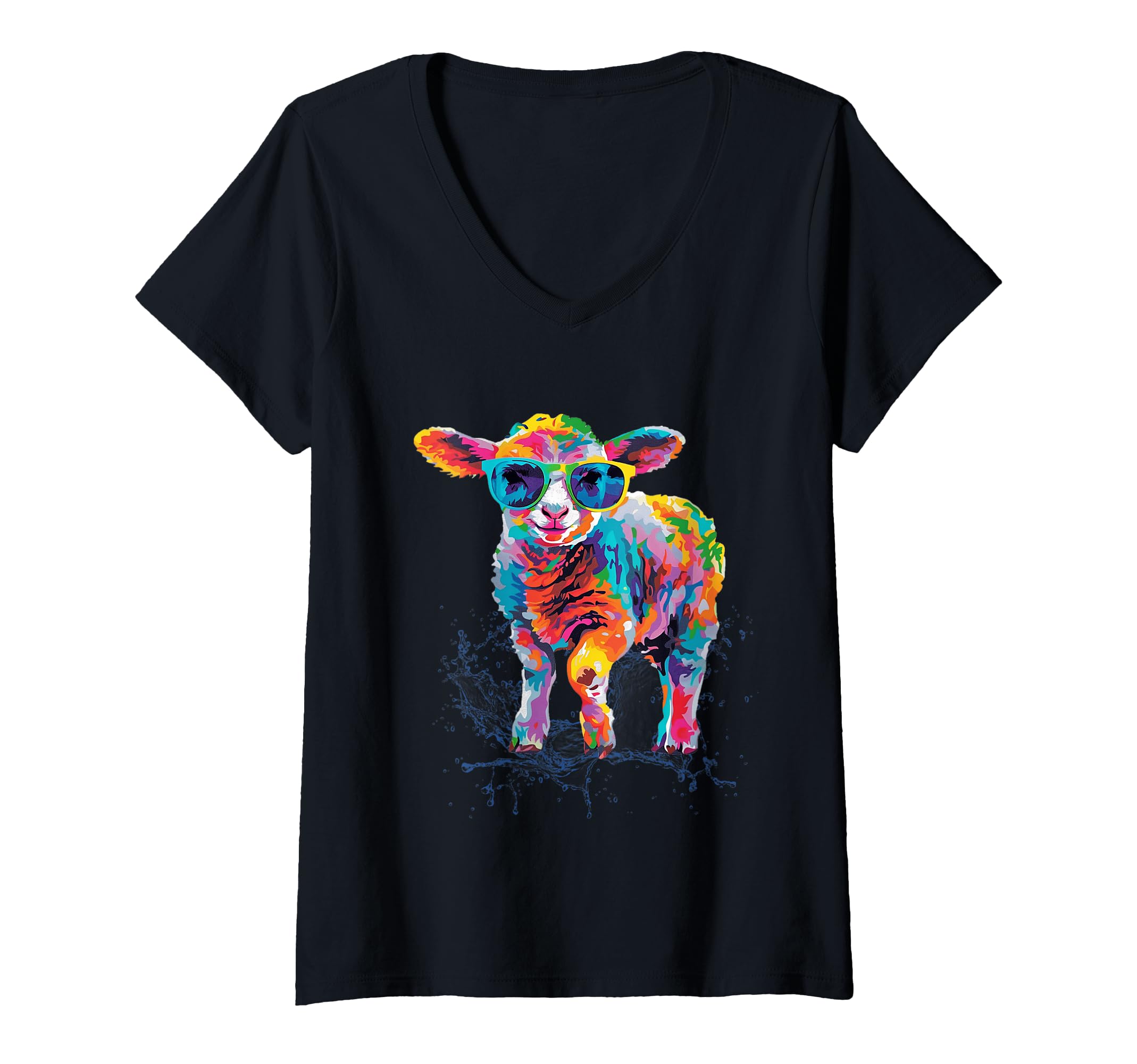 Womens Happy Easter Lamb Sheep Colourful Artwork with Sunglasses V-Neck T-Shirt