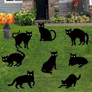8 Pack Halloween Black Cat Yard Signs Glow in Dark Eyes, Scary Silhouette Plastic Sign with Stakes Halloween Outdoor Decorations Lawn Garden Decor