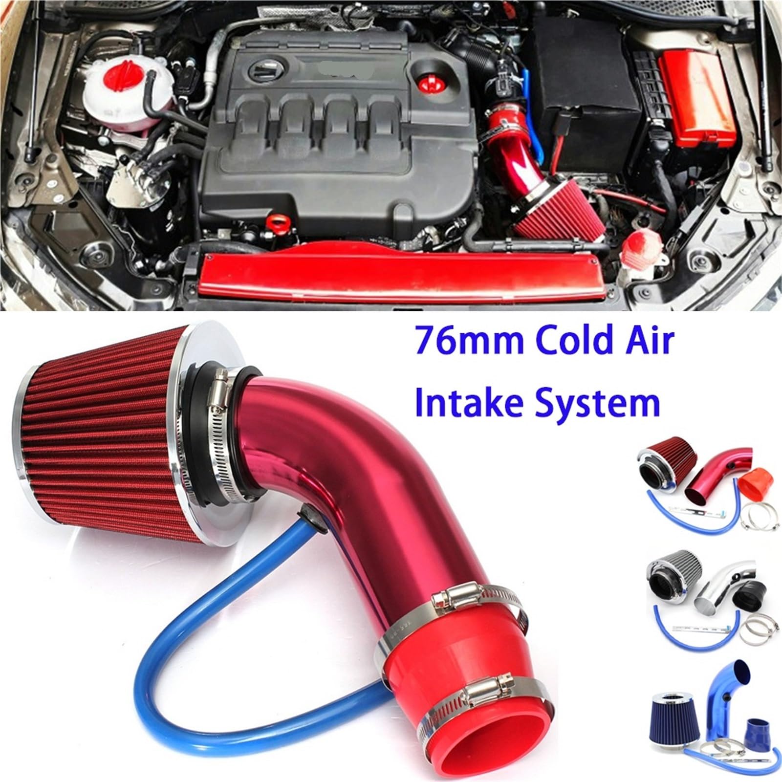 Turbo de admisión Entrada de aire frío Universal para coche de 76mm, Kit de tubo de inducción Turbo con filtro de aire, entrada de filtro de aire de alto flujo aire de inducción