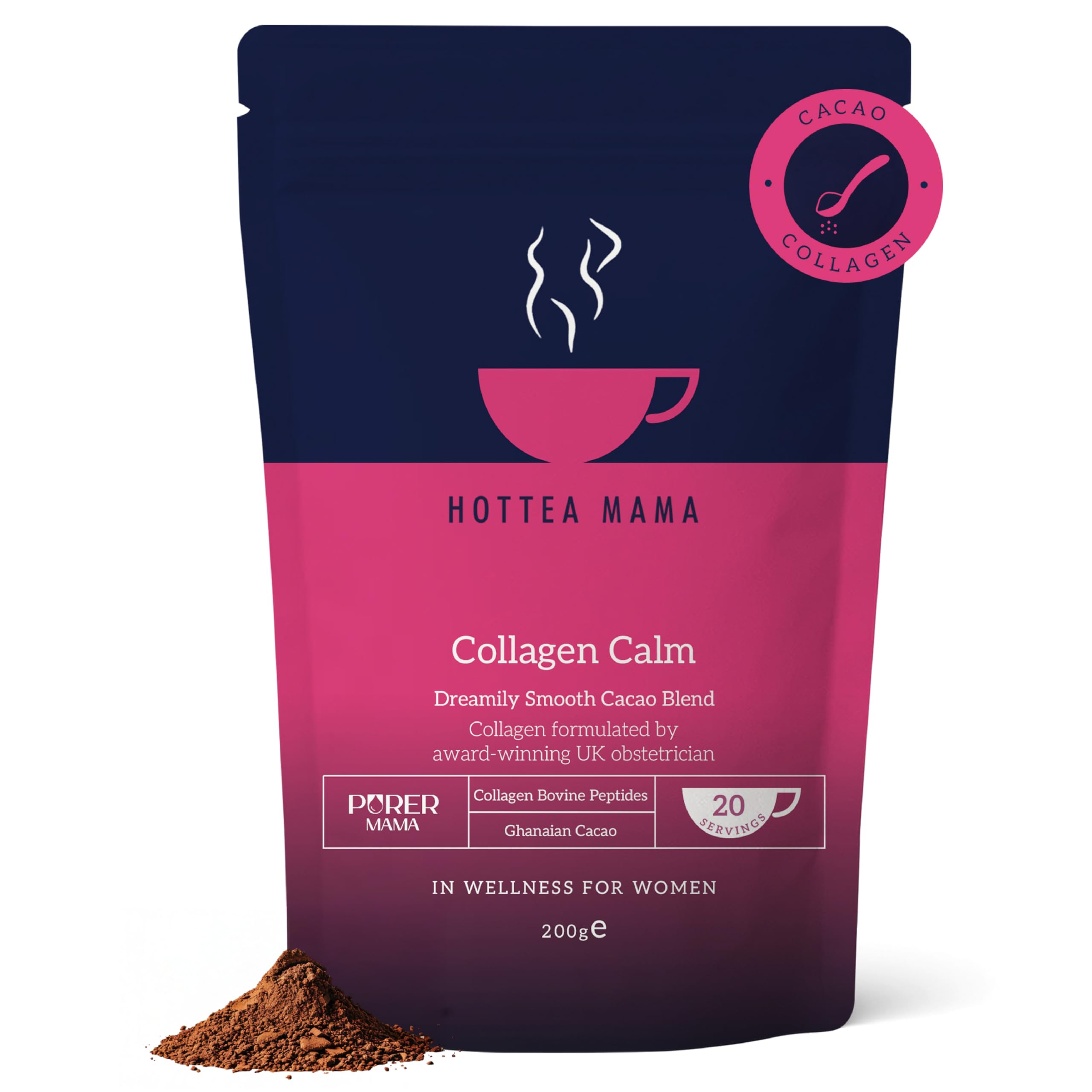 HOTTEA MAMA | Collagen Calm Hot Chocolate 200g | Award-Winning Brand | For Healthy Skin, Hair, Bones & Joints | 20 Servings