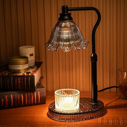 Candle Warmer Lamp with Adjustable Height - Flameless 4-Level Dimmable Wax Warmer, Timer Function & Stylish Design in Multiple Colors （Black - Black